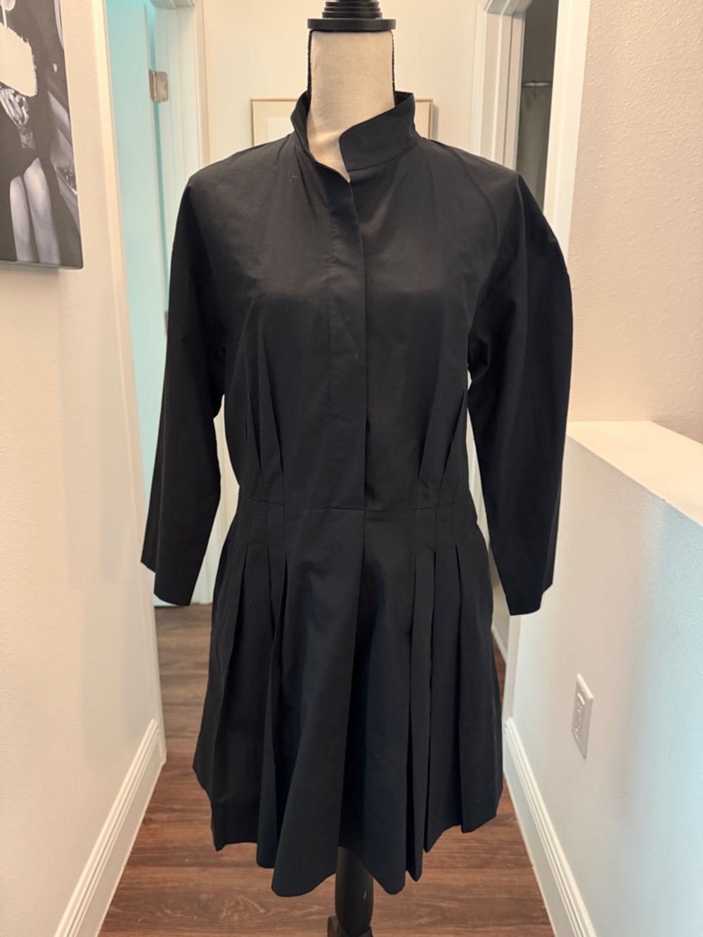 Vince Black Long-Sleeve Pleated Fit-and-Flare Dress